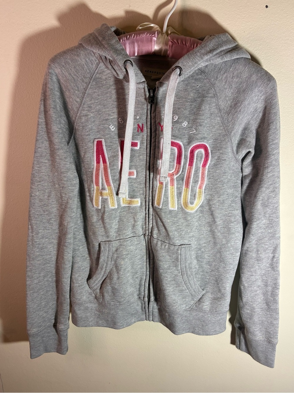 Aeropostale Women’s Gray Y2K Zip Hoodie with Pink & Yellow Logo Small